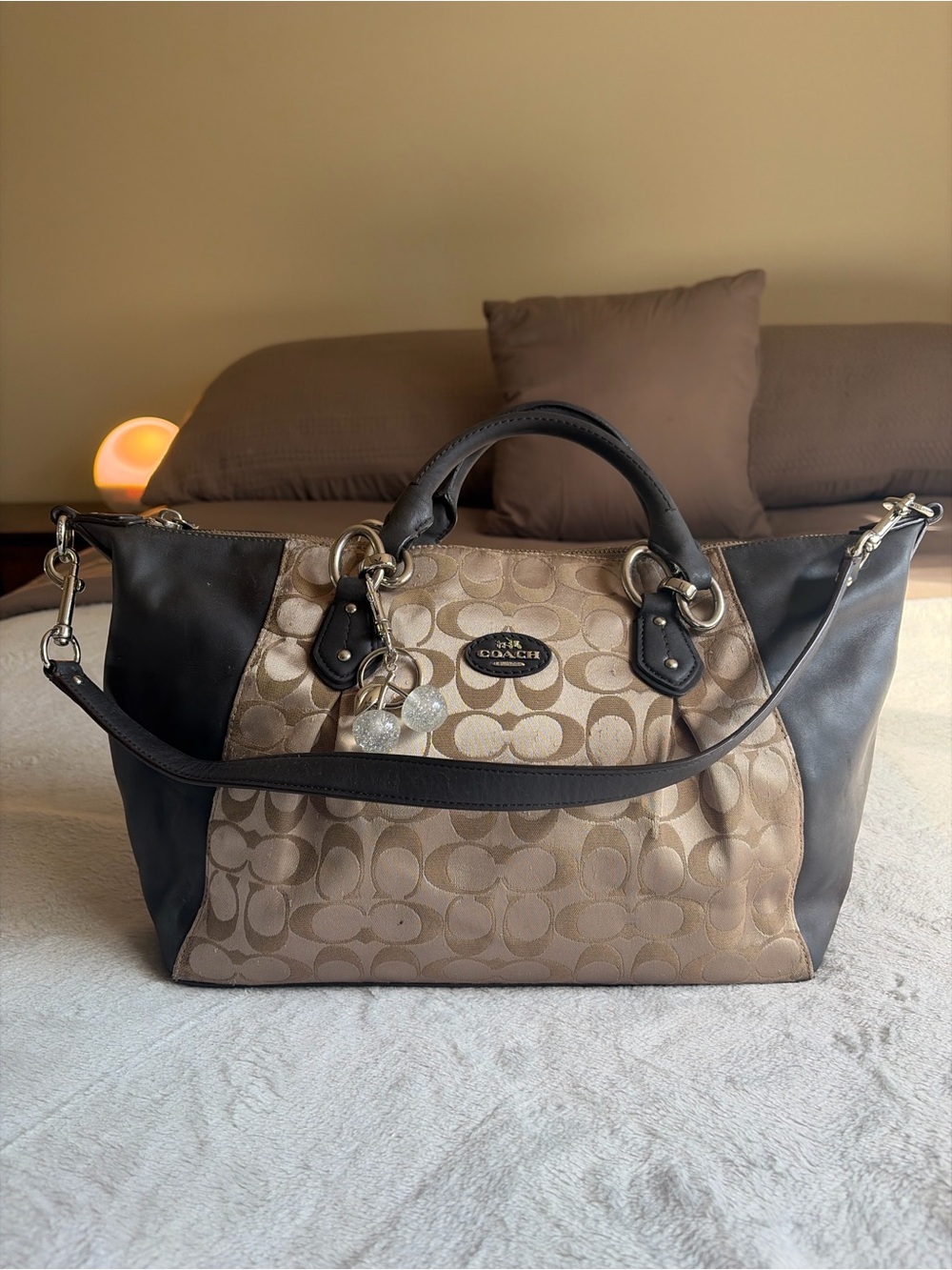 Coach Beige Signature Canvas & Black Leather Satchel
